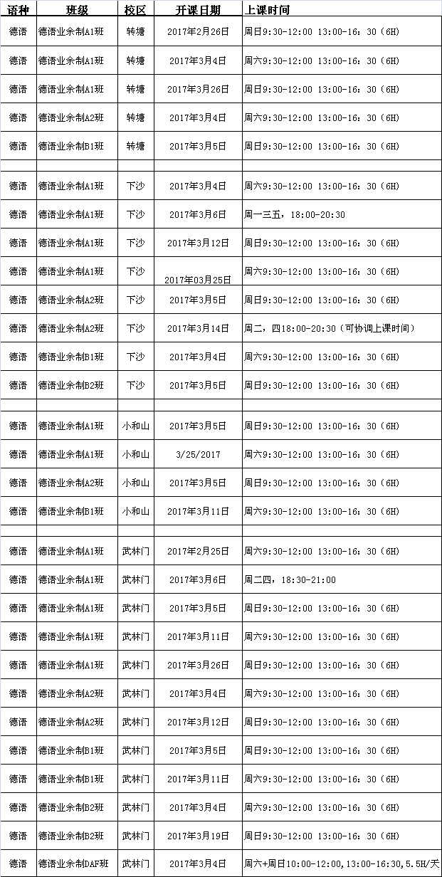 德语业余制班级3月份课程表