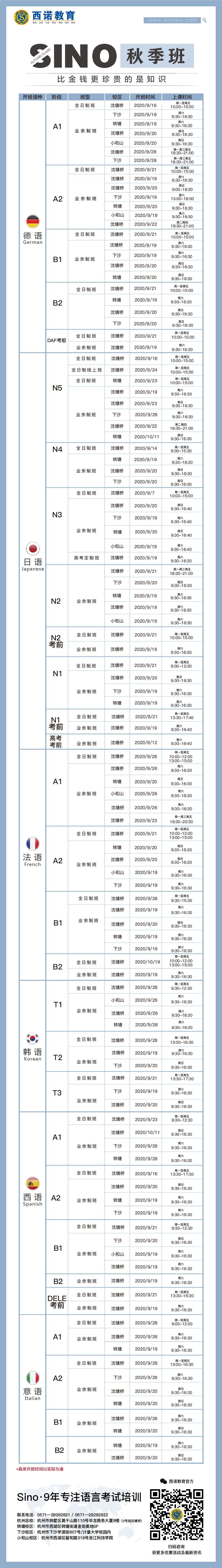 2020年西诺教育秋季班课程表